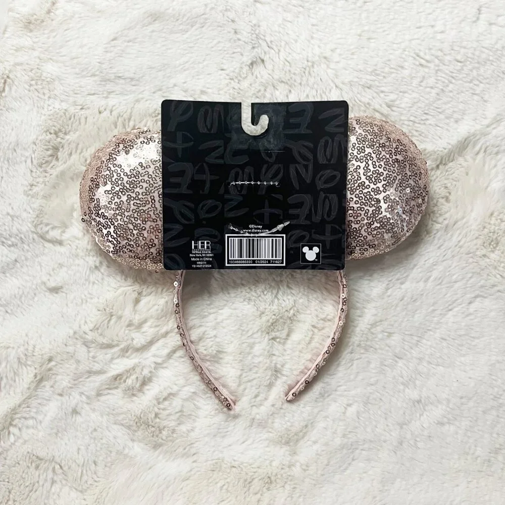 Disney Rose Gold Sequins Black Satin Polka Dot Bow Minnie‎ Mouse Ears NWT